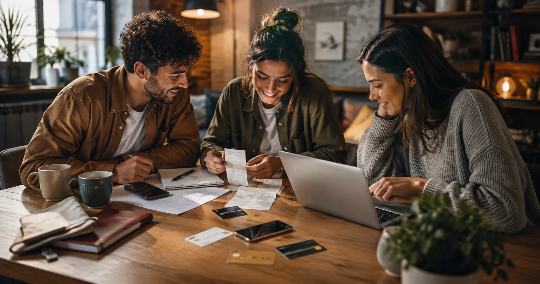 Three people recording and reviewing a shared expense with multiple payers