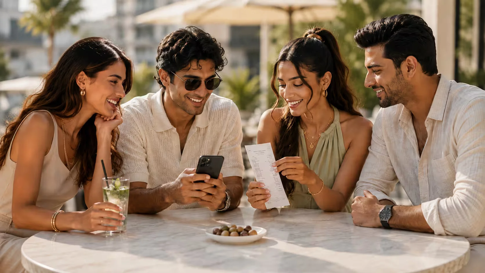 Four friends reviewing a restaurant receipt and phone while splitting shared expenses at a café