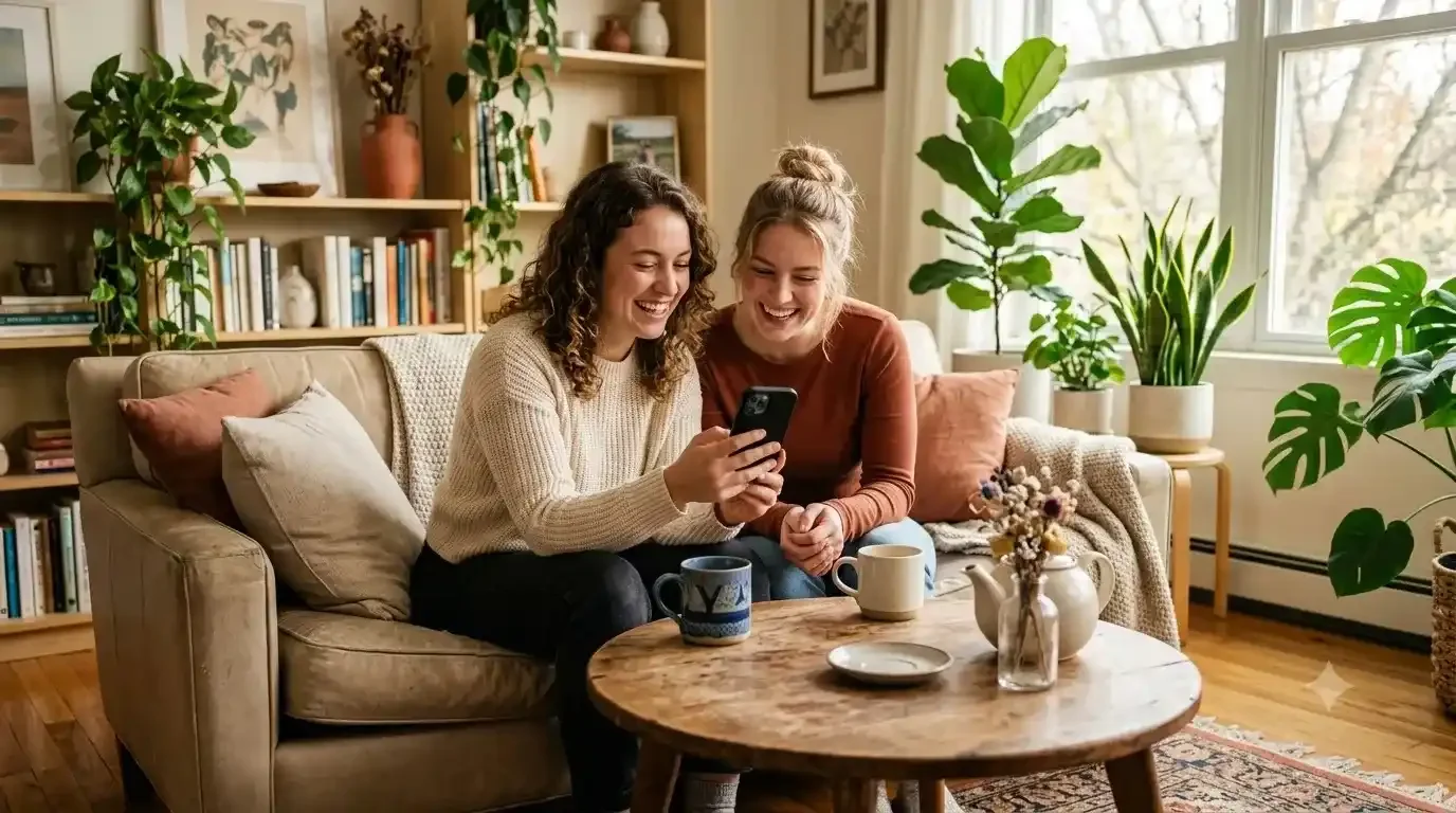 Two friends reviewing shared expenses on a smartphone at home